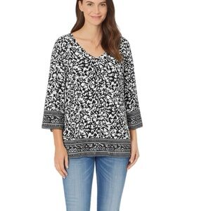 J Jill Women’s Boho Top Beige Black Floral V Neck Knit Blouse 3/4 Sleeve Sz S